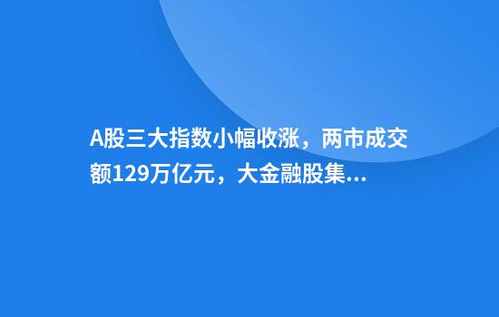A股三大指数小幅收涨，两市成交额1.29万亿元，大金融股集体走强