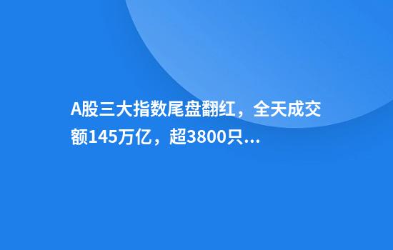 A股三大指数尾盘翻红，全天成交额1.45万亿，超3800只个股下跌