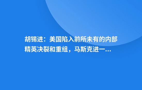 胡锡进：美国陷入前所未有的内部精英决裂和重组，马斯克进一步冲上风口浪尖