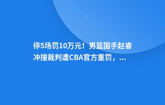 停5场罚10万元！男篮国手赵睿冲撞裁判遭CBA官方重罚，本人道歉